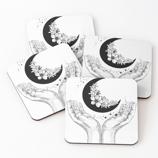 Item preview, Celestial Hands Holding Moon and Flowers - Mystic Line Art designed and sold by VibeArtShop.