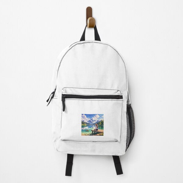 Item preview, Serene Anime Girl Watching a Crystal Lake and Snowy Mountains designed and sold by Anshugoyal.