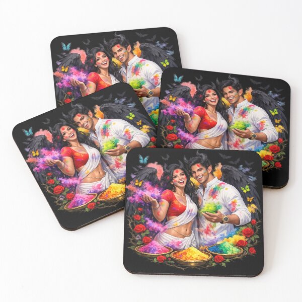 Item preview, Dark Gothic Vampire Couple Celebrating Holi – Fantasy Demon Wings Color Festival Art Sticker designed and sold by CutePearlStudio.