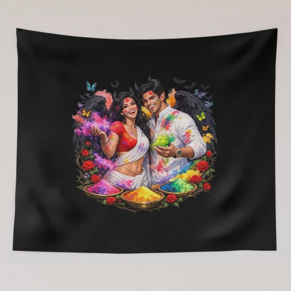 Item preview, Dark Gothic Vampire Couple Celebrating Holi – Fantasy Demon Wings Color Festival Art Sticker designed and sold by CutePearlStudio.