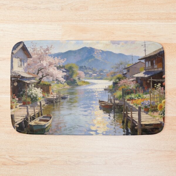 Item preview, Beautiful Japanese Riverside Village Painting – Flowers, River & Mountain Scene in Impressionism Style designed and sold by BlareBlare.