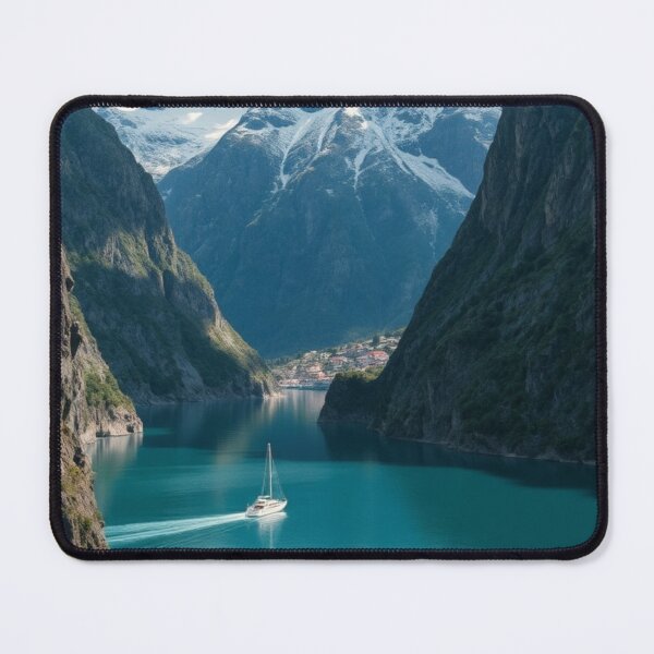 Item preview, Boats Cruising Through Snowy Norwegian Mountain Fjord designed and sold by Vida e Arte.