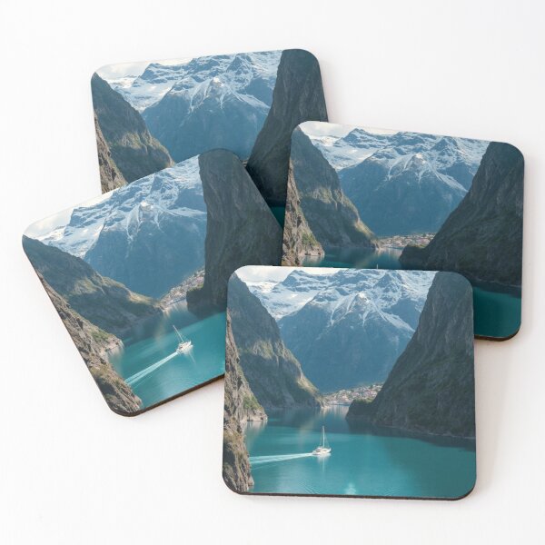 Item preview, Boats Cruising Through Snowy Norwegian Mountain Fjord designed and sold by Jade Ado.