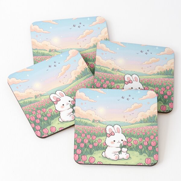 Item preview, Cute Kawaii Bunny in Tulip Field – Pastel Cottagecore Spring Rabbit Illustration designed and sold by GiftsCreek.