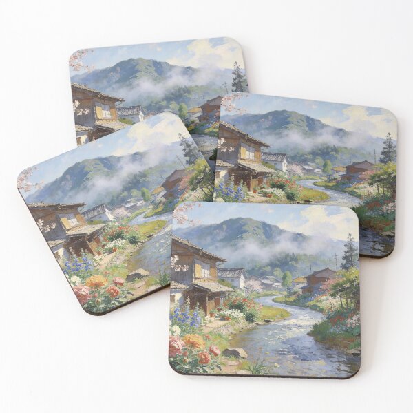 Item preview, Impressionist Japanese Village by the River – Floral Landscape with Mountain View Wall Art designed and sold by BlareBlare.