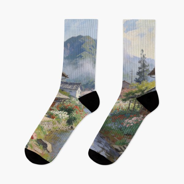 Item preview, Impressionist Japanese Village by the River – Floral Landscape with Mountain View Wall Art designed and sold by BlareBlare.