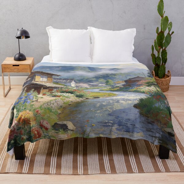 Item preview, Impressionist Japanese Village by the River – Floral Landscape with Mountain View Wall Art designed and sold by BlareBlare.