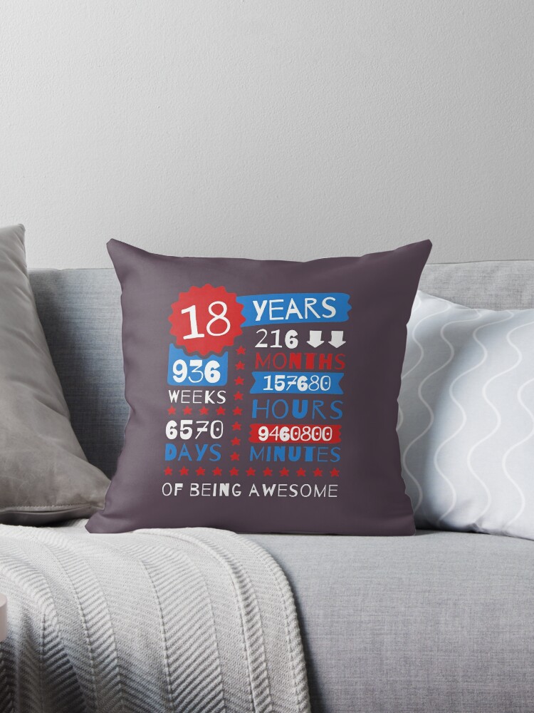 18th Birthday Tees Co Multicolor 18th Birthday for 18 Year Old Boys & Girls Throw Pillow 18x18 