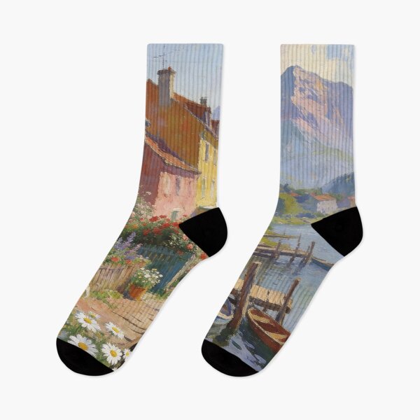Item preview, Impressionist Village by the River – Floral Landscape with Mountain View Wall Art designed and sold by BlareBlare.