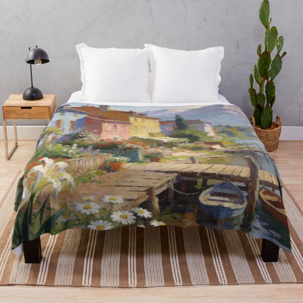 Item preview, Impressionist Village by the River – Floral Landscape with Mountain View Wall Art designed and sold by BlareBlare.