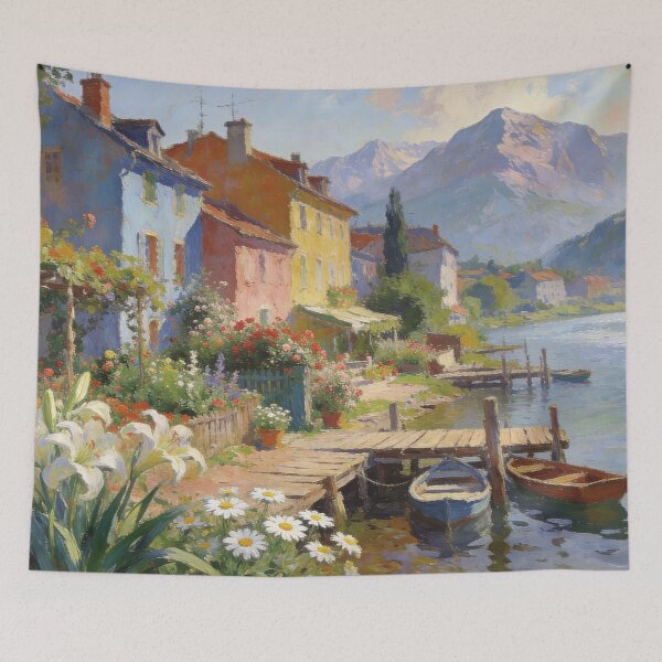 Item preview, Impressionist Village by the River – Floral Landscape with Mountain View Wall Art designed and sold by BlareBlare.