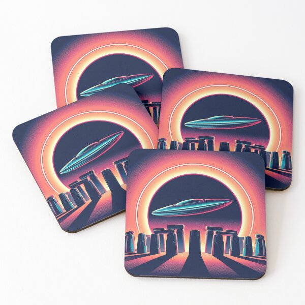 Item preview, Neon UFO Over Stone Circle – Retro Sci-Fi Landscape Illustration designed and sold by Dogandesighn.