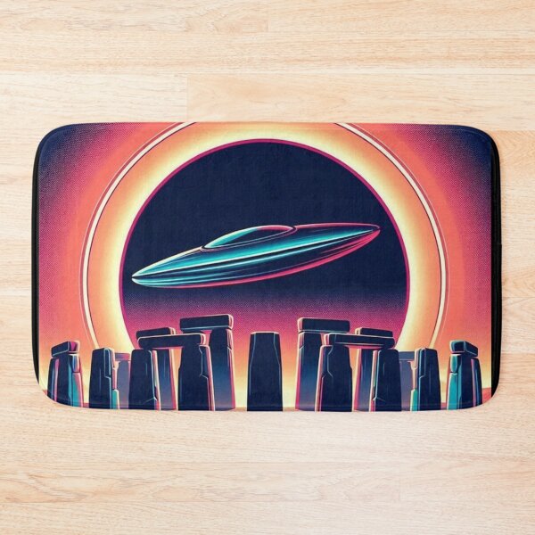 Item preview, Neon UFO Over Stone Circle – Retro Sci-Fi Landscape Illustration designed and sold by Dogandesighn.