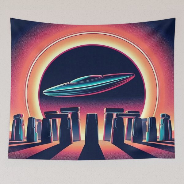 Item preview, Neon UFO Over Stone Circle – Retro Sci-Fi Landscape Illustration designed and sold by Dogandesighn.