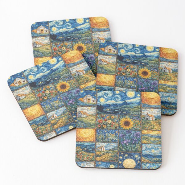 Item preview, Starry Night Countryside Mosaic | Sunflower Fields & Cottage Landscape | Post-Impressionist Art Collage designed and sold by flowerpower999.