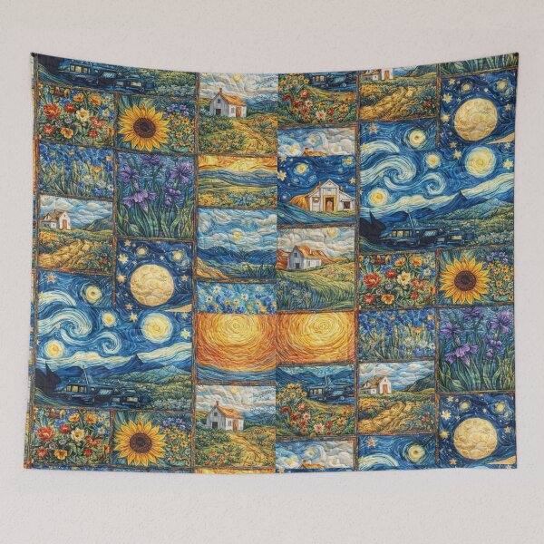 Item preview, Starry Night Countryside Mosaic | Sunflower Fields & Cottage Landscape | Post-Impressionist Art Collage designed and sold by flowerpower999.