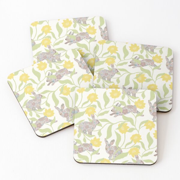Item preview, Playful rabbits and flowers - cute bunnies in a garden - yellow and greenn designed and sold by ahahdodo.