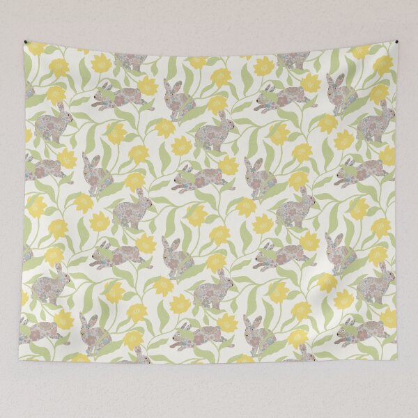 Item preview, Playful rabbits and flowers - cute bunnies in a garden - yellow and greenn designed and sold by ahahdodo.
