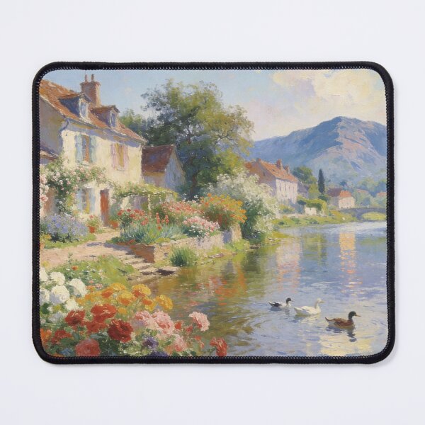 Item preview, Beautiful Riverside Village Painting – Blooming Flower Fields & Mountain Scenery in Impressionism Style designed and sold by BlareBlare.