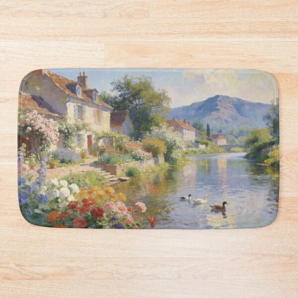 Item preview, Beautiful Riverside Village Painting – Blooming Flower Fields & Mountain Scenery in Impressionism Style designed and sold by BlareBlare.