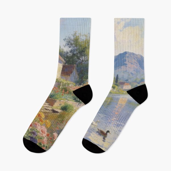 Item preview, Beautiful Riverside Village Painting – Blooming Flower Fields & Mountain Scenery in Impressionism Style designed and sold by BlareBlare.