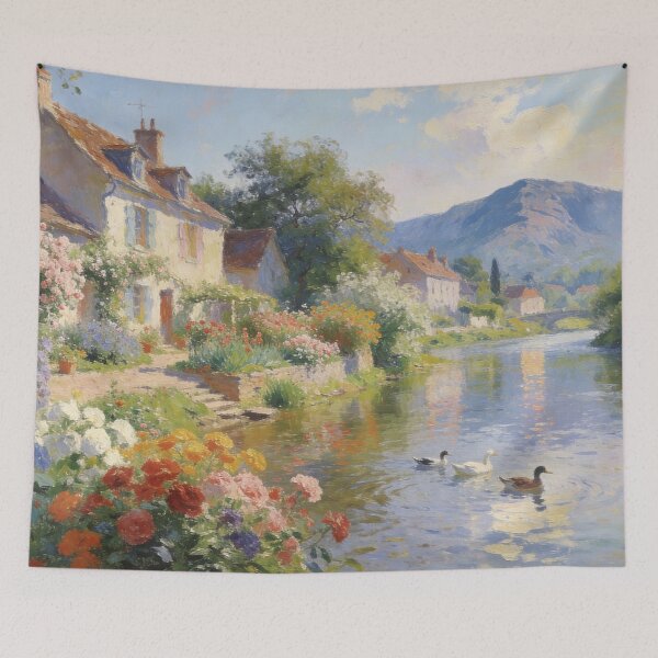 Item preview, Beautiful Riverside Village Painting – Blooming Flower Fields & Mountain Scenery in Impressionism Style designed and sold by BlareBlare.