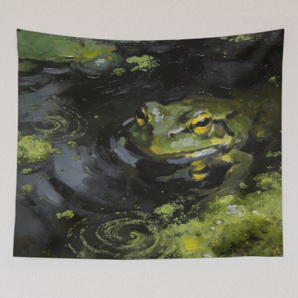 Item preview, Green Pond Frog Oil Painting – Moody Nature Wildlife Art designed and sold by cr6zym1nd.