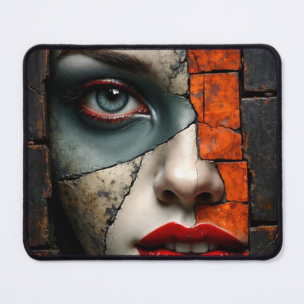 Item preview, Cracked Face Mosaic Portrait – Surreal Urban Art with Red Lips & Blue Eye designed and sold by Kaleidoscope Print.