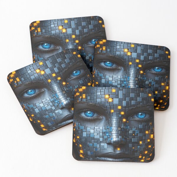 Item preview, Cyberpunk AI Face Portrait – Blue Eyes Tech Mosaic with Glowing Neon Pixels designed and sold by Kaleidoscope Print.