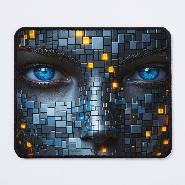 Item preview, Cyberpunk AI Face Portrait – Blue Eyes Tech Mosaic with Glowing Neon Pixels designed and sold by Kaleidoscope Print.
