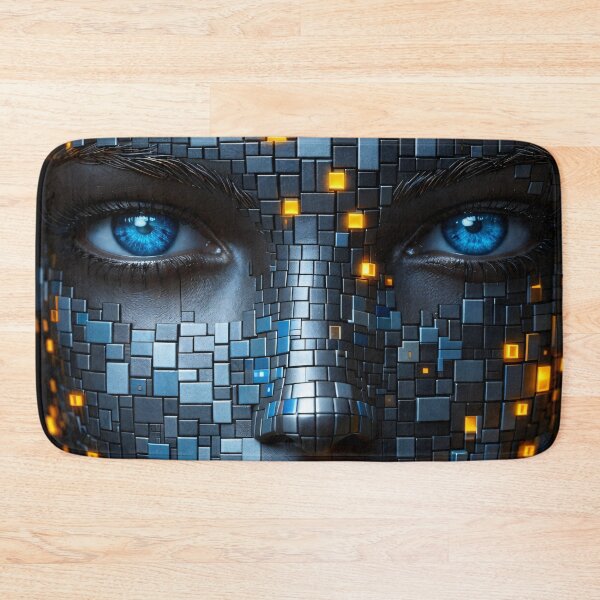 Item preview, Cyberpunk AI Face Portrait – Blue Eyes Tech Mosaic with Glowing Neon Pixels designed and sold by Kaleidoscope Print.