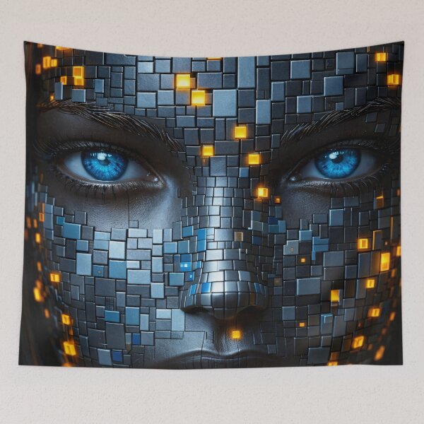 Item preview, Cyberpunk AI Face Portrait – Blue Eyes Tech Mosaic with Glowing Neon Pixels designed and sold by Kaleidoscope Print.