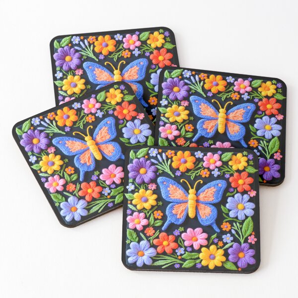 Item preview, Faux embroidery Butterfly with colorfull colors and dark background designed and sold by Creative Line Prints.