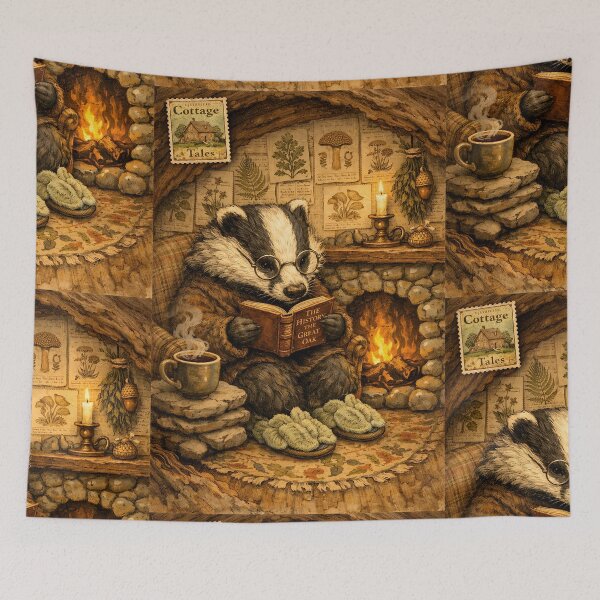 Item preview, The Badger’s Rainy-Day Library - Cottagecore Animals designed and sold by bapupa.