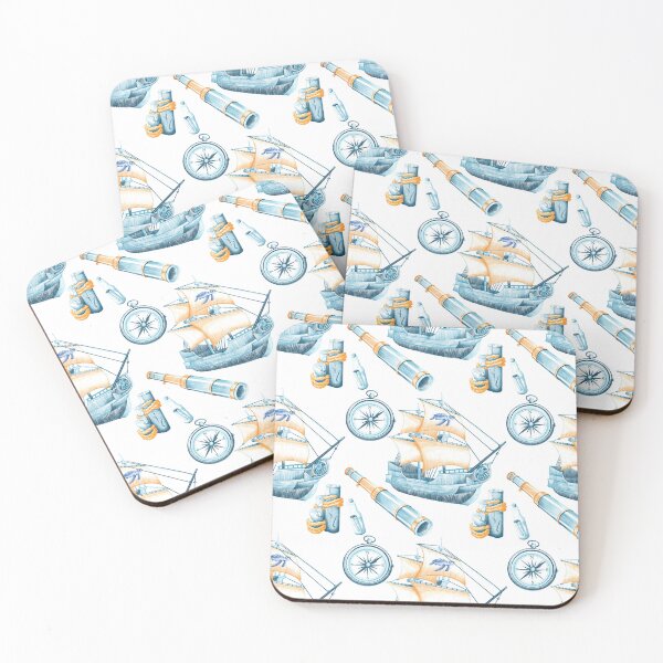 Item preview, Vintage Nautical Pirate Adventure - Teal and Amber Ship Pattern designed and sold by poonzapoon.