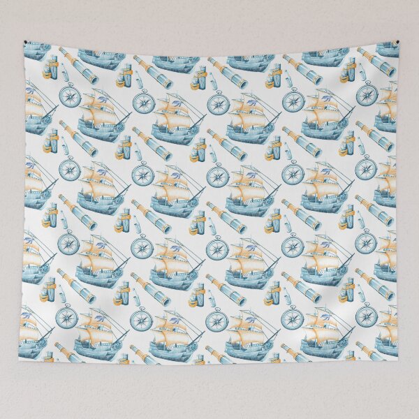 Item preview, Vintage Nautical Pirate Adventure - Teal and Amber Ship Pattern designed and sold by poonzapoon.