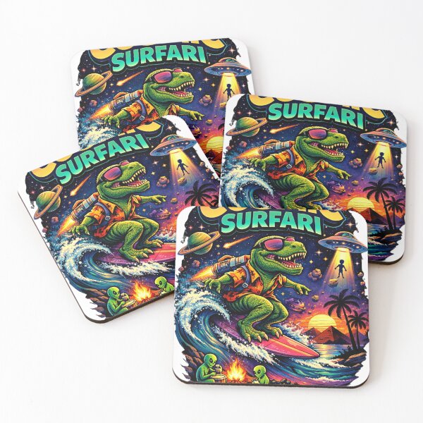Item preview, Cosmic Surfari – Surfing Dinosaur T-Rex Riding a Wave Retro Surf Space Art designed and sold by deegilang.