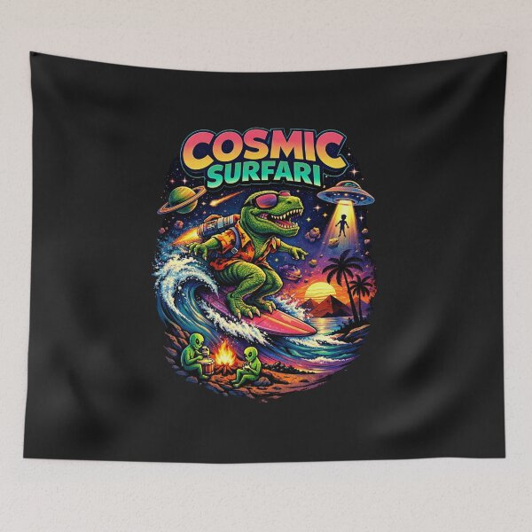 Item preview, Cosmic Surfari – Surfing Dinosaur T-Rex Riding a Wave Retro Surf Space Art designed and sold by deegilang.
