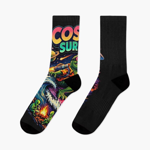Item preview, Cosmic Surfari – Surfing Dinosaur T-Rex Riding a Wave Retro Surf Space Art designed and sold by deegilang.