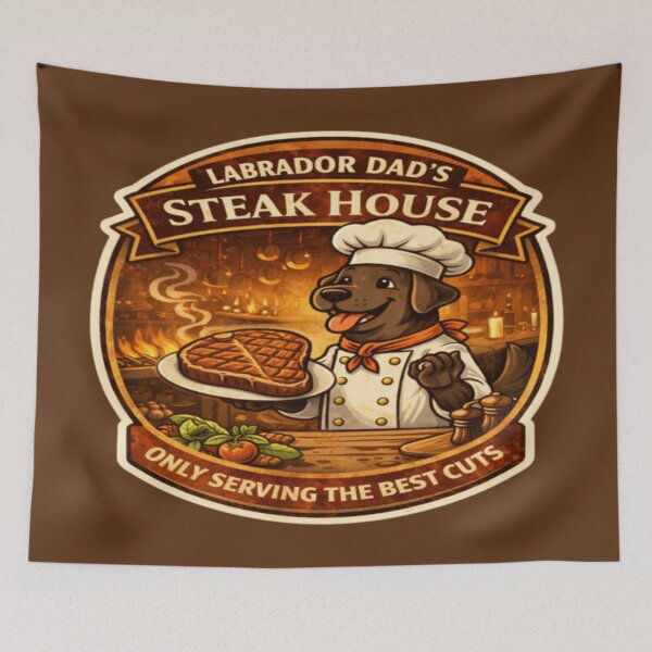 Item preview, Labrador Dad's Steak House | Chocolate Lab Chef Vintage Badge | Funny Dog Steak Lover Gift designed and sold by PawPrintCustom.