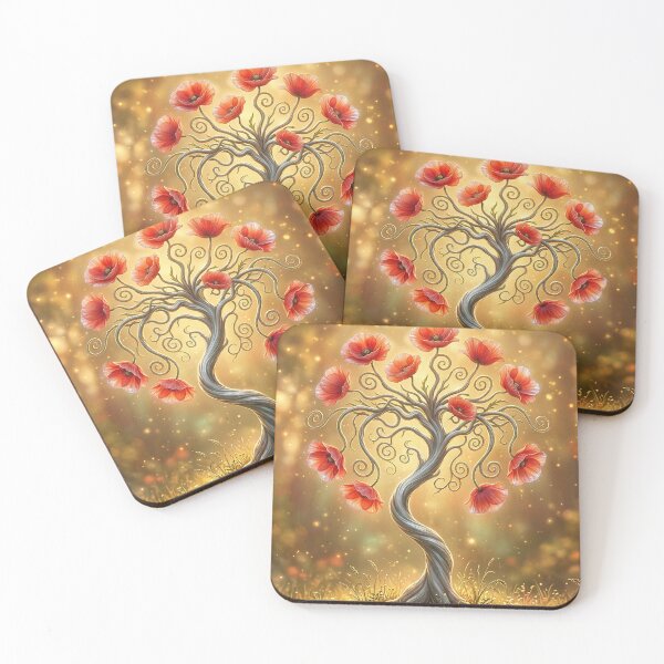 Item preview, Poppy Coral Tree – Golden Fantasy Blossom Art designed and sold by Herzbaumatelier.