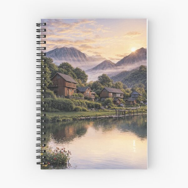 Item preview, Lakeside Mountain Village at Sunset – Scenic Landscape Poster designed and sold by SEIMEI2025.