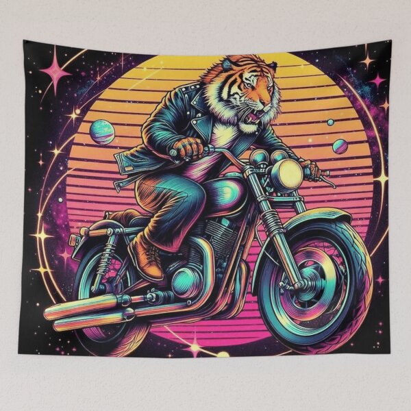 Item preview, Cosmic Tiger Rider – Neon Motorcycle Adventure Design designed and sold by Dogandesighn.