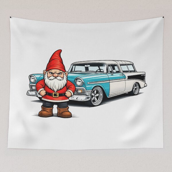Item preview, Grumpy Garden Gnome with Classic Hot Rod Wagon Cartoon Illustration designed and sold by Moriarty's Digital Visions.