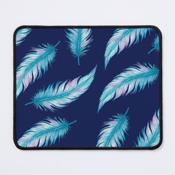 Item preview, Watercolor seamless pattern of soft bird feathers in shades of blue and purple on a dark navy blue background.  designed and sold by Design2delight.