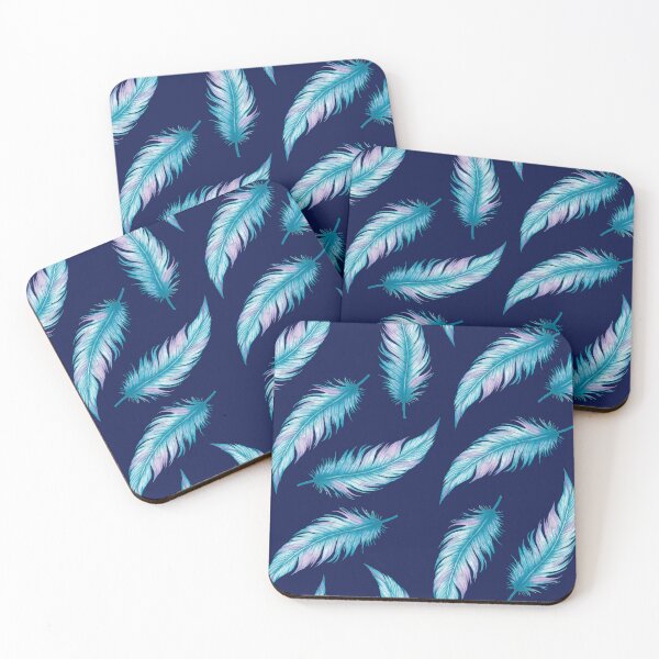 Item preview, Watercolor seamless pattern of soft bird feathers in shades of blue and purple on a dark navy blue background.  designed and sold by Design2delight.