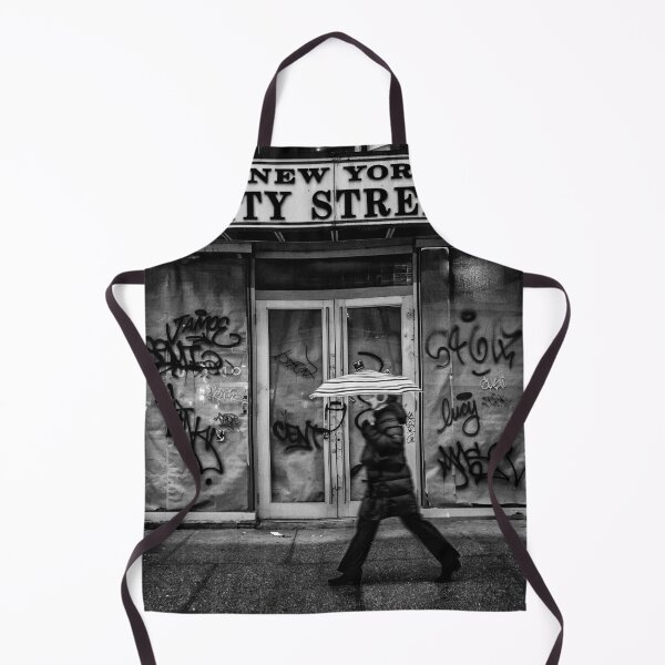 Item preview, New York city streets, woman with an umbrella next to a dilapidated storefront black and white vintage photograph poster art print designed and sold by Astrid Arkhangelsky.