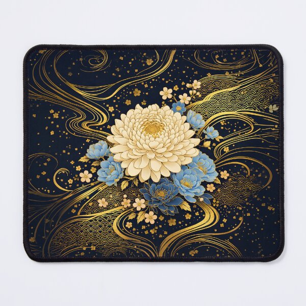 Item preview, Japanese Chrysanthemum & Peony Pattern – Elegant Navy Blue Kimono Floral Design with Gold Lines designed and sold by 怪奇図譜 | Kaiki-Zufu.