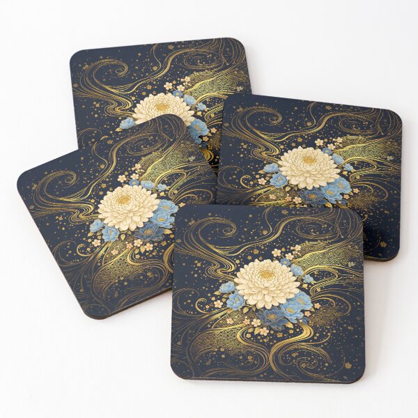 Item preview, Japanese Chrysanthemum & Peony Pattern – Elegant Navy Blue Kimono Floral Design with Gold Lines designed and sold by 怪奇図譜 | Kaiki-Zufu.