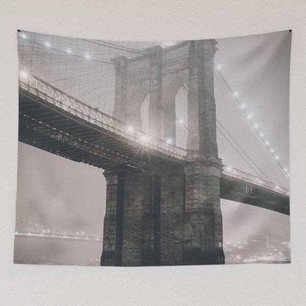 Item preview, Vintage East River, Brooklyn Bridge, New York City black and white photograph poster art print designed and sold by Astrid Arkhangelsky.
